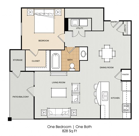 Floor plan for 1 bed, 1 bath, 828 sqft